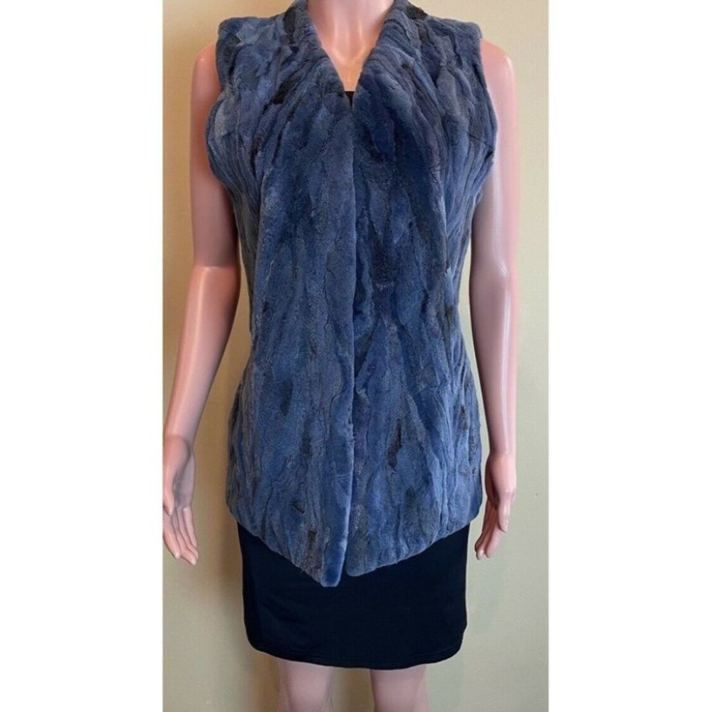 Ddegrees Womens Fur Vest Blue Gray Let Out V Neck Hip Length Greece L New